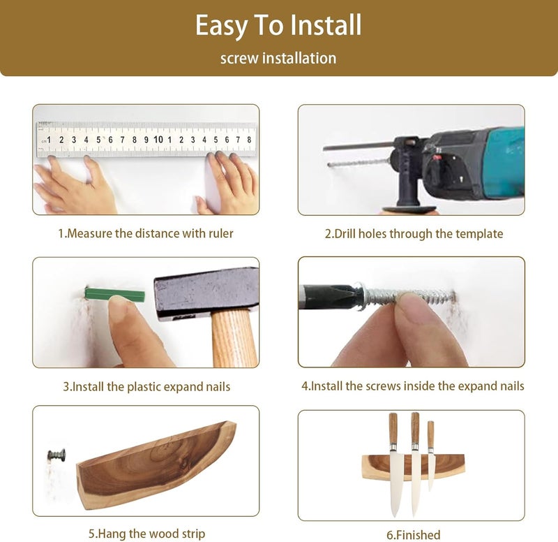 CHISHANG 12.5 Inch Magnetic Knife Holder for Wall,Acacia Wood Knife Magnetic Strip,Knife Holder Wood Magnetic,No Drilling Knife Magnetic Strip-Strong Knife Magnet- for Kitchen Knives and Tools - Image 5